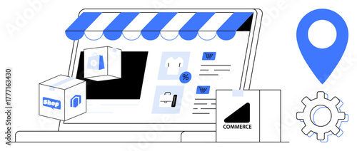 Laptop showing online store with shop awning, boxes, cart icons, gear, and locator pin. Ideal for e-commerce, digital retailing, logistics, business management online marketing delivery services