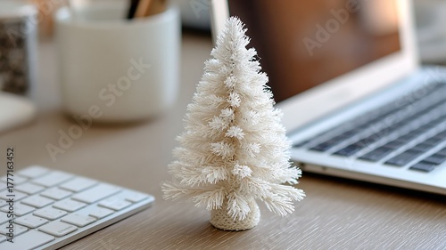 A miniature white christmas tree on a desk with a laptop keyboard and office supplies nearby