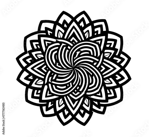 A mesmerizing black and white mandala draws the eye into a swirling, hypnotic vortex, which radiates outward into layers of sharply pointed, nested petals
