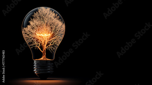 A lightbulb with a tree inside it glowing brightly against a dark black background in a conceptual design