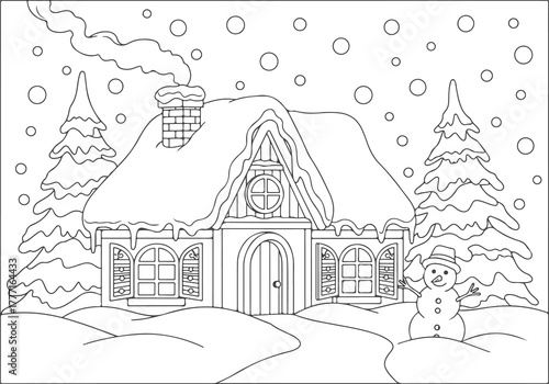 Winter scene coloring page featuring a cozy cabin with a snowman and snow-covered trees for a festive holiday activity
