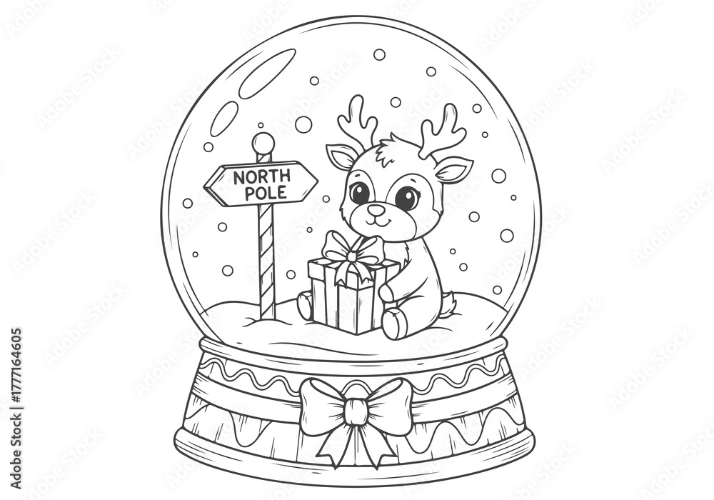 Obraz premium Festive Reindeer in Snow Globe A Delightful Christmas Coloring Page for Kids