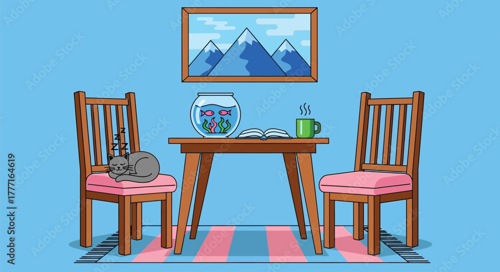 Fototapeta premium Cartoon room scene with cat sleeping on chair and fishbowl on table