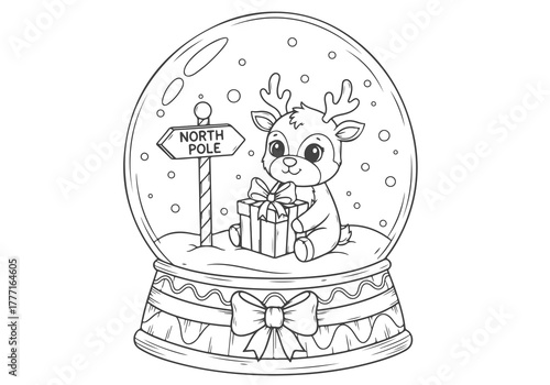 Festive Reindeer in Snow Globe A Delightful Christmas Coloring Page for Kids