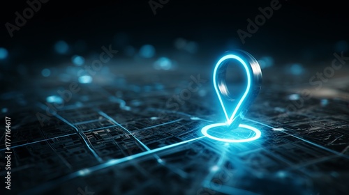 Dynamic neon location pin glowing bright on futuristic digital map, signaling precise navigation and connectivity