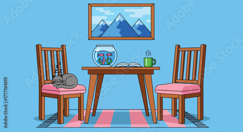Cartoon room scene with cat sleeping on chair and fishbowl on table