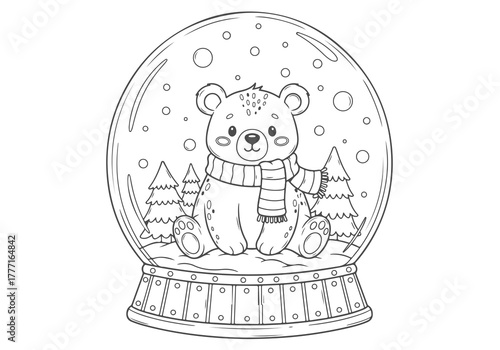 Charming winter coloring page with a cute teddy bear wearing a scarf inside a festive snow globe, a fun holiday activity for kids
