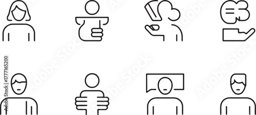 Set of eight black and white human icons with various actions