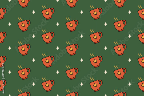 Christmas hot coffee cup with light colorful doodle pattern on green background set for holiday merchandise. Festive mug, Warm beverage cartoon pattern background. Vector illustration