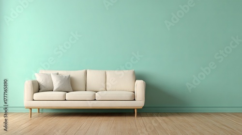Fototapeta Naklejka Na Ścianę i Meble -  3D render of a modern, minimal living room featuring a cream sofa, wood flooring, and a blank pastel green wall, perfect for copy space. 