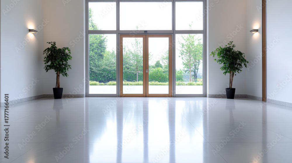Fototapeta premium Spacious hallway with large glass doors and potted plants, creating serene atmosphere