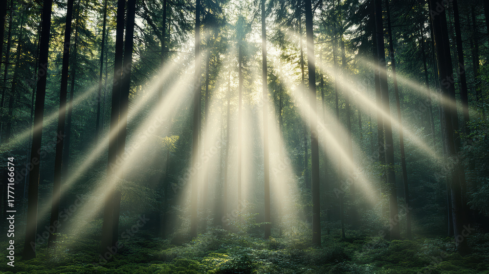 Fototapeta premium Sunlight beams breaking through tall trees create serene forest atmosphere