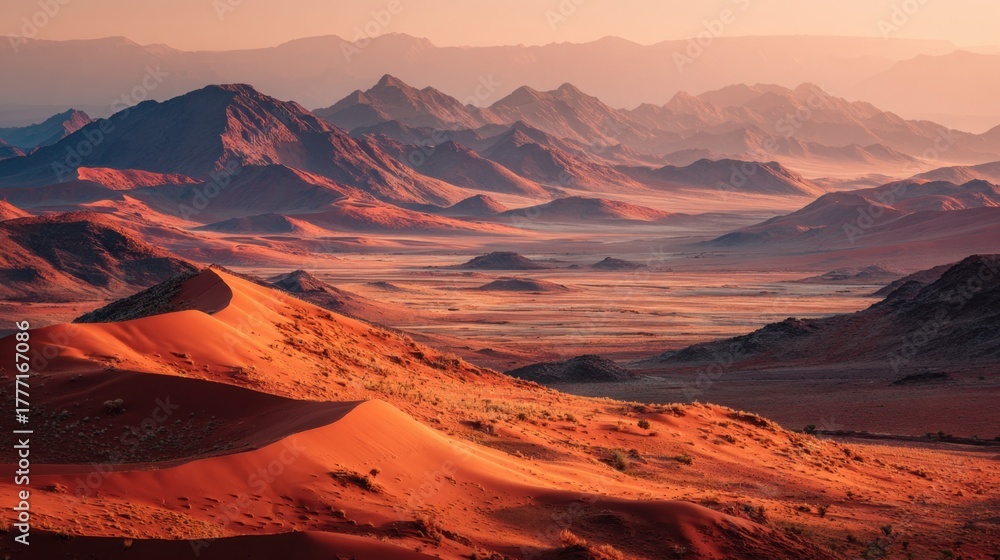 Naklejka premium Golden sunlight illuminates stunning dunes and distant mountains creating a tranquil desert scene at dusk.