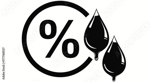 Percentage symbol inside a circle next to two dripping oil or liquid drops
