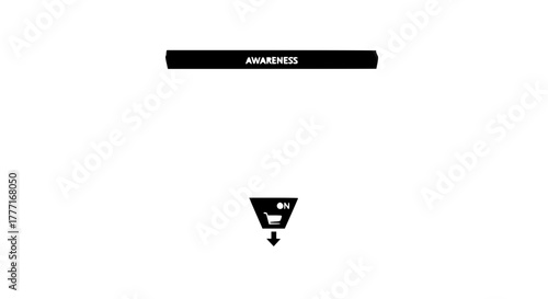 Illustrating the customer journey from initial awareness through the sales funnel and conversion with a shopping cart icon signifying purchase success