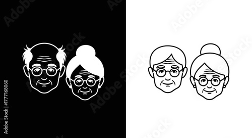 Stylized line art icons of elderly couple faces on black and white backgrounds