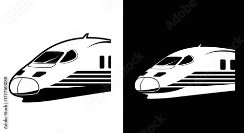 Modern high speed train locomotive front view in silhouette style on white and black backgrounds