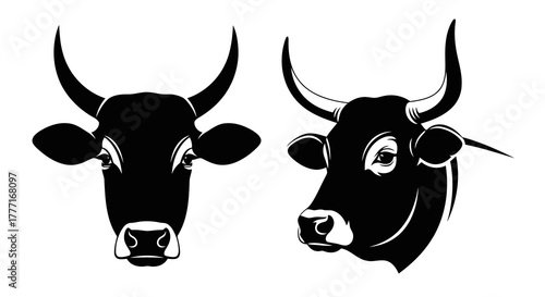 Stylized black and white silhouette of a bull s head and a cow s head facing forward and sideways