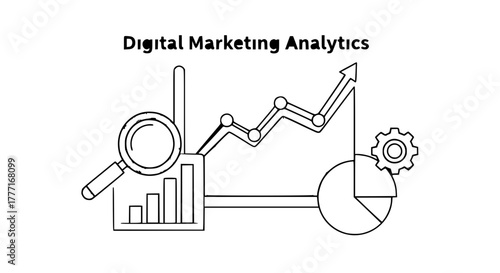 Visualizing digital marketing analytics with charts, graphs, and magnifying glass for insights