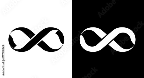 Two contrasting infinity symbols one black on white and one white on black