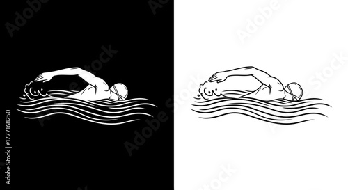 Dynamic athlete swims freestyle through wavy water in black and white contrast