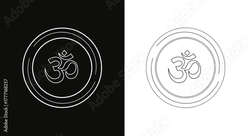 Om symbol in a circle on black and white backgrounds representing duality and spirituality