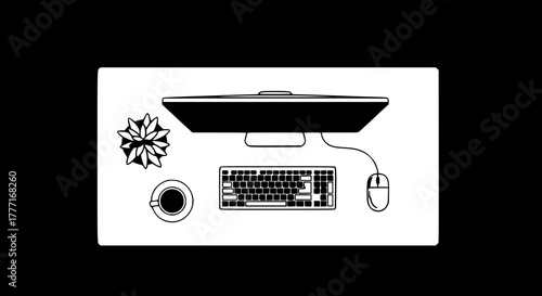 Modern minimalist workspace setup featuring a sleek computer monitor, keyboard, mouse, a potted plant, and a coffee cup, perfect for professional business presentations and creative projects.