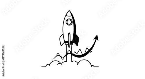 Dynamic rocket launch propels upward graph symbolizing business growth and startup success, representing innovation and ambitious goals