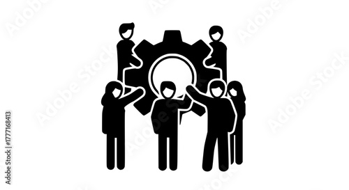 Dynamic team collaborating around a central gear symbolizing synergy and innovation for business growth and project success