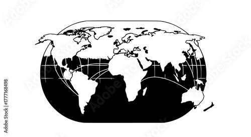 Bold world map graphic symbolizing global connections, international business, and travel opportunities with a striking black and white design
