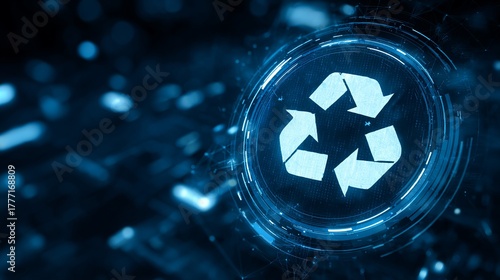 Futuristic digital interface showcases glowing blue recycle symbol representing sustainability and eco friendly technology for a greener planet