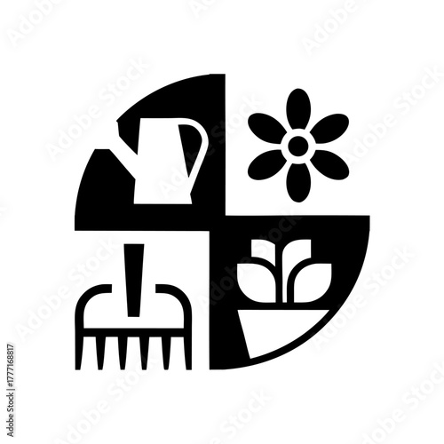 A line icon of a watering can, rake, and flower pot — representing gardening, care, and growth.
