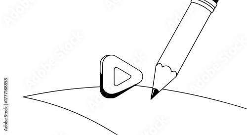 Creative process unfolds as a pencil draws a play button, symbolizing content creation, storytelling, and digital media production in a modern artistic style.