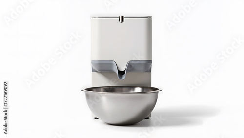Automatic smart pet feeder with stainless steel bowl on white background, modern minimal design