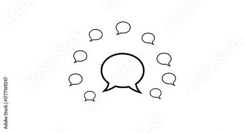 Speech bubble design represents communication, discussion, and conversation with multiple thought bubbles surrounding a central idea for brainstorming sessions, marketing, and social media