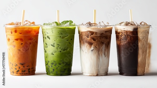 A collection of Asian cold drinks, including Thai iced tea, matcha latte, iced chocolate, and coffee varieties, displayed in transparent to-go cups against a white backdrop. 