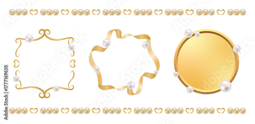 エレガントなイエローゴールドと淡水パール（白・金）の装飾フレームセット　高級感のあるゴールドパールデザイン　上品で華やかな金色リボンとパールを組み合わせた円形・四角形・星形のラグジュアリーフレーム素材