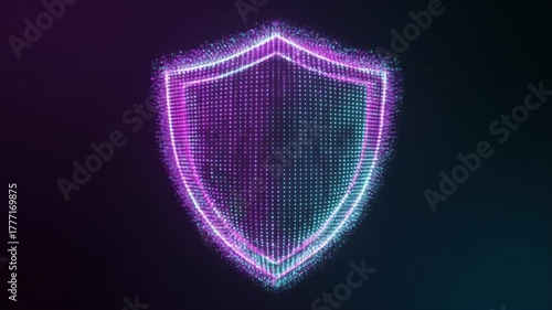 Wallpaper Mural Loopable glowing particle shield forming and dissolving in slow motion, cool purple and teal colors, dark background, cinematic health tech vibe, perfect for illustrating protection or balance Torontodigital.ca