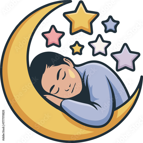 Sleeping Kid on Moon. Bedtime Relaxation. Sweet Dreams Concept. Dreamer Design