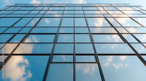 Modern building facade with glass reflections and blue sky creates tranquil atmosphere
