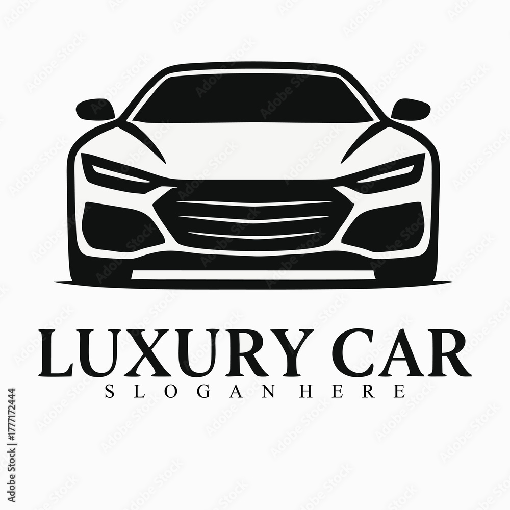 Obraz premium Minimalist luxury car logo in black and white vector style, featuring a sleek sports car front view with sharp lines and modern aerodynamic design. Elegant and bold, symbolizing speed, prestige.eps