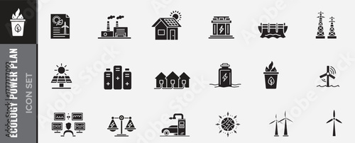 Ecology power plan icons showcase sustainable energy solutions, renewable resource management, and eco-friendly living for a better, greener future. Ecology silhouette icon set
