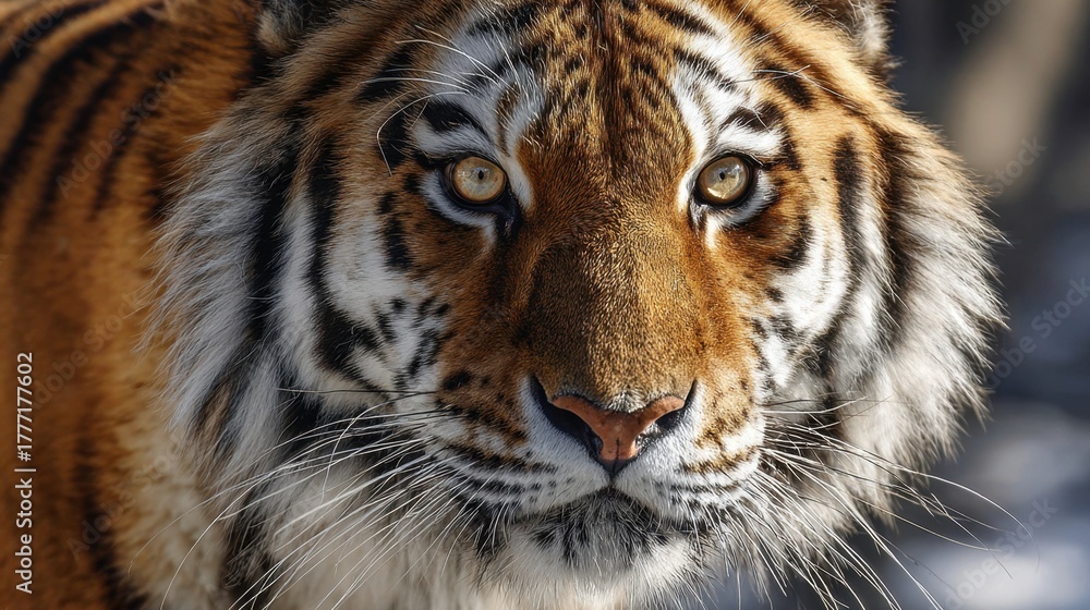 Fototapeta premium A powerful tiger focuses on its surroundings showcasing its beautiful fur and striking gaze.