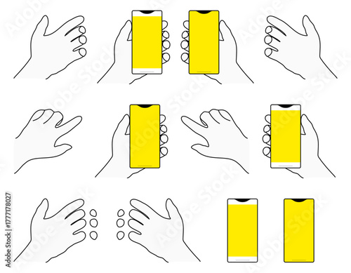 スマートフォンを持つ手とタップする手のセット　右手と左手　2パターンのスマホ　単体　黄色／イエロー　ベクター／透過PNG／JPEG白背景