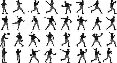 Baseball player silhouette, sports action pose, vector athlete icon, pitching, batting, catching, throwing, dynamic motion, black graphic, minimal style