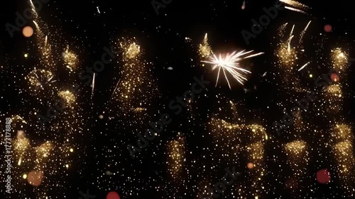 Golden Glittering SALE Text With Colorful Fireworks Display In Dark Night Sky