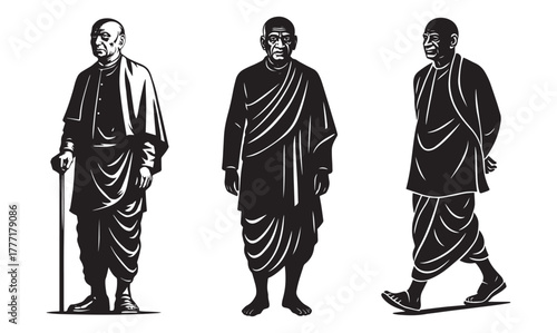 Black silhouette vector illustration of Indian freedom leader Sardar Vallabhbhai Patel in traditional dhoti and shawl, standing and walking poses