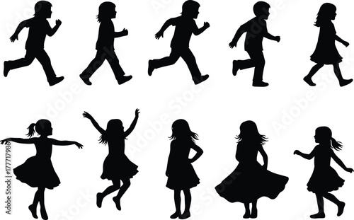 Children running and dancing silhouette, expressive kid motion vector illustration, joy and activity gesture study, cad drawing flat vector illustration