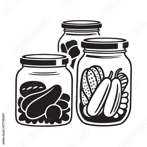Jars of preserved food black and white illustration silhouette On White Background.