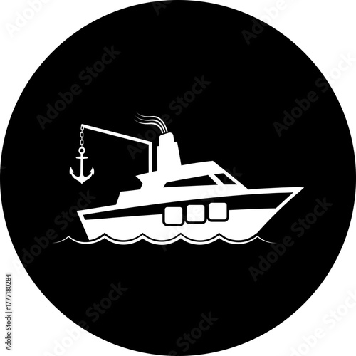 Elegant white fishing boat icon for marina designs, perfect for travel blogs, nautical promotions, and branding with a clean, modern vector aesthetic